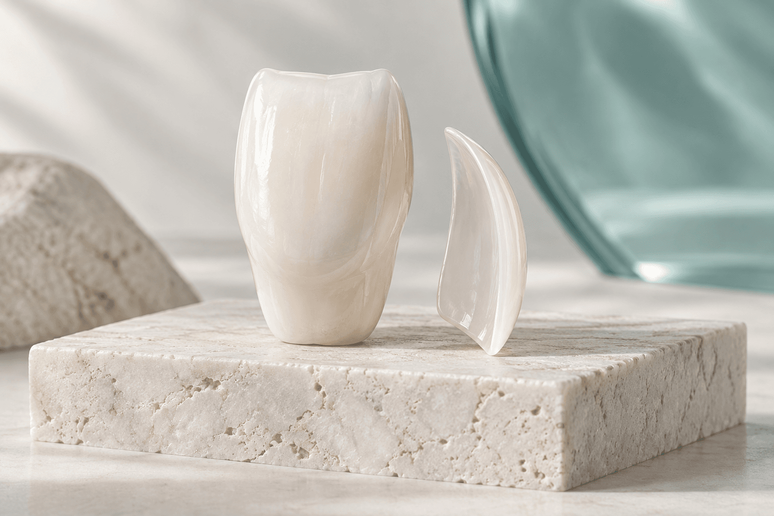 Ilustração de modelo de dente e uma faceta de porcelana